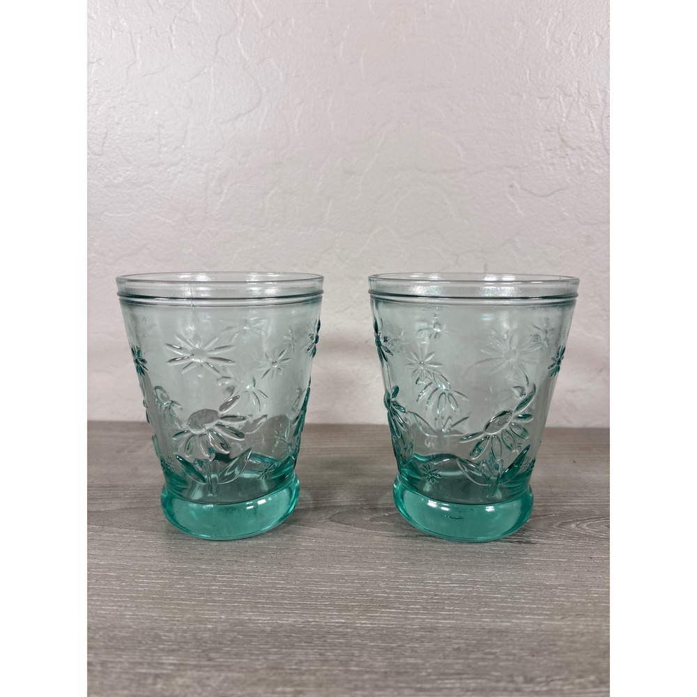 Murero Green Recycled Glass Daisy Floral Tumblers Set of 2 Italy
